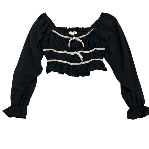 Thirty Thirty Tops - Thirty Thirty Y2K Top L‎ Black Milkmaid Cropped Puff Sleeve Smocked Coquette